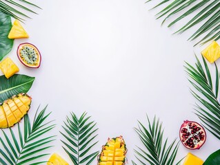 Tropical fruit assortment with green leaves, isolated on white background