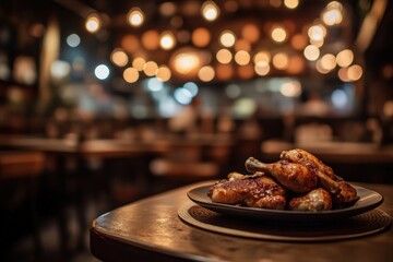 Naklejka premium Roasted chicken legs served on a dark plate in a restaurant.