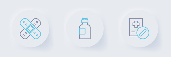 Set line Medical prescription, Bottle of medicine syrup and Crossed bandage plaster icon. Vector
