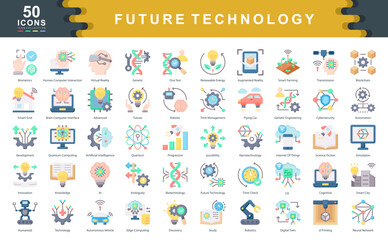 The Future Technology icon set defines key drivers of innovation such as automation, intelligence, and connectivity, ideal for tech forecasting, digital transformation, and strategic planning.