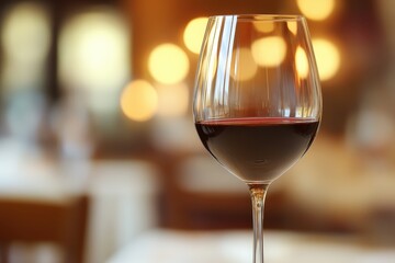 A glass of red wine in a restaurant setting.