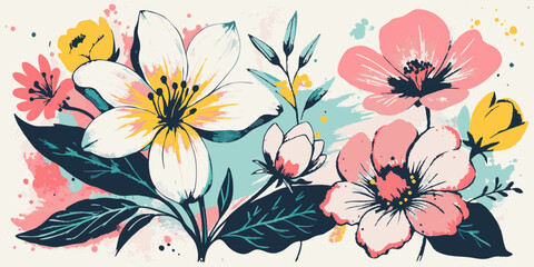 Vibrant Floral Watercolor Art: Colorful Blooming Flowers and Leaves for Creative Design