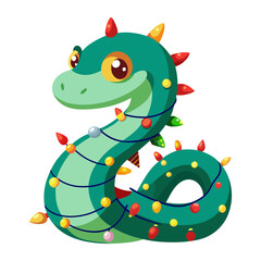 Christmas Snake Cartoon Wrapped in Festive Lights
