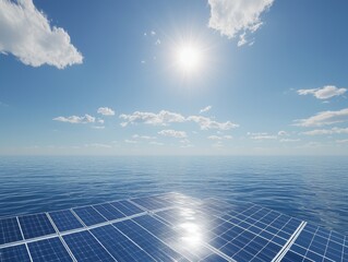 Solar panel array atop calm ocean, radiant sun in a clear blue sky reflecting light