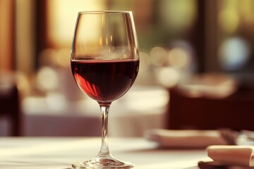 A glass of red wine on a restaurant table in the sunlight.