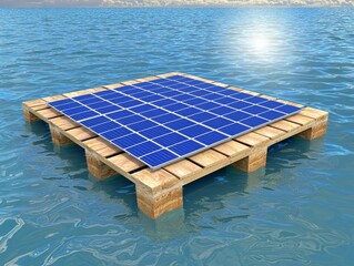 Solar panel floating on a wooden pallet, reflecting sunlight on the water