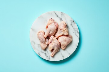 Raw chicken pieces arranged on a marble plate.