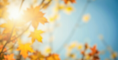 Obraz premium Blurry autumn background, vibrant orange leaves, sunny day, soft focus, nature scene, warm sunlight, blue sky, seasonal glow, dreamy atmosphere, outdoor setting