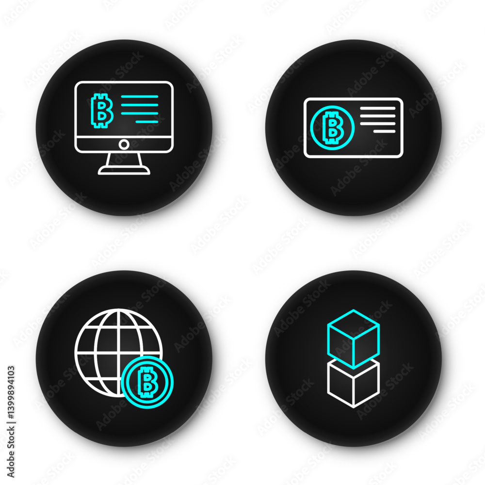 Poster set line blockchain technology, globe bitcoin, credit card with bitcoin and mining from monitor icon