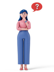 woman with a question mark, symbolizing confusion or seeking answers. 3D rendering, conceptual image. Isolated on white background.