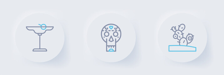 Set line Cactus, Mexican skull and Margarita cocktail icon. Vector