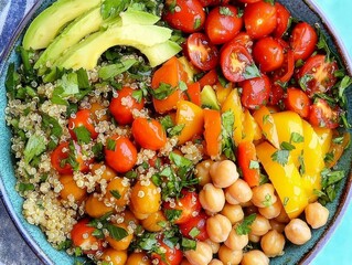 Colorful salad bowl with cherry tomatoes, avocado, quinoa, chickpeas, and bell pepper