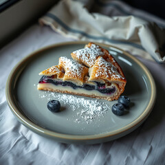 Slice of Blueberry Cream Pie with Powdered Sugar