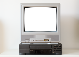 Old silver vintage TV with white screen and VCR from 1980s, 1990s, 2000s isolated on white background.