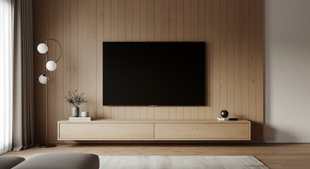 Modern Living Room TV Setup: 3D Render of Minimalist Home Decor AI Generated