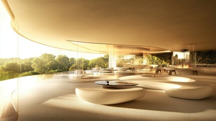 Fototapeta premium A luxurious modern interior with expansive windows and scenic views