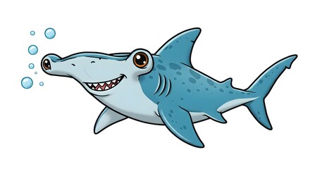 Fototapeta premium Cartoon Hammerhead Shark Swimming with Bubbles Illustration Against White Backdrop