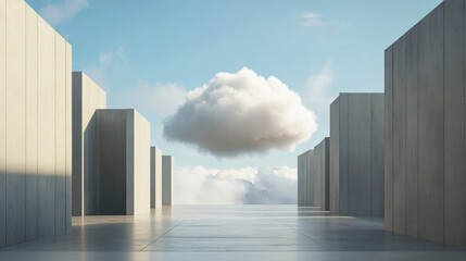 A striking view showcases tall geometric structures lining a pathway, with a single fluffy cloud floating in the blue sky overhead, creating a surreal atmosphere at dawn