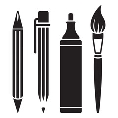 Collection of Vector Black silhouettes icons for writing and artistic tools: pen, pencil, marker, paintbrush. with white background