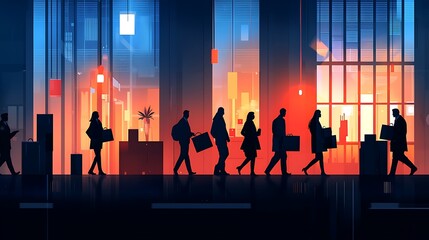 Fototapeta premium Business Professionals Walking in Urban Setting with Briefcases at Dusk in Modern Office Environment