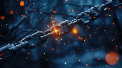 A broken chain ignites freedom in a snowy landscape.