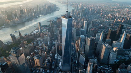 The image captures rising above the Manhattan skyline, overlooking the Hudson River at sunset