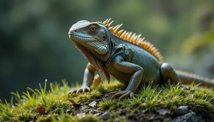 Fototapeta premium Green Iguana on Mossy Log, Sunlit Forest Background