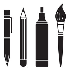 Collection of Vector Black silhouettes icons for writing and artistic tools: pen, pencil, marker, paintbrush. with white background