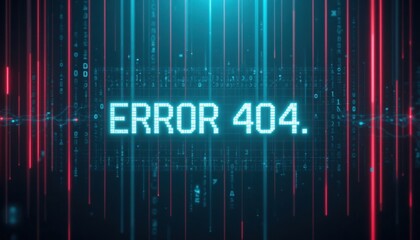 Error 404: Digital Glitch, Cyan Text on Dark Background with Red and Blue Vertical Lines.