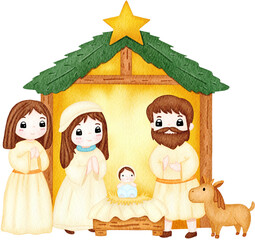 Cute Nativity Scene with Mary, Joseph, and Baby Jesus in Stable – Watercolor