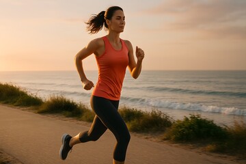 Outdoor Fitness: Woman Running in Beautiful Seaside Scenery, generative ai