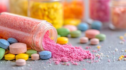 Colorful pills and pink powder pharmaceutical display