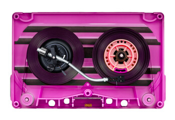 Turntable arm on pink Audio cassette tape in use sound recording in the tape recorder, 90s...