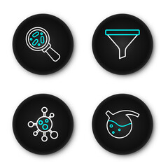 Set line Test tube and flask, Molecule, Funnel or filter and Microorganisms under magnifier icon. Vector