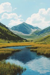 Serene mountain landscape with tranquil lake reflecting the sky and grassy banks under fluffy clouds in a vast wilderness on a sunny day