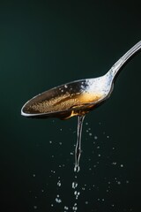 Golden honey dripping from a silver spoon against a dark background in a captivating still life shot showcasing natural sweetness and culinary delight