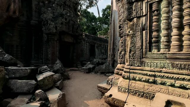 ruined temples . Angkor Wat . Ruined historical temples of ancient civilizations.