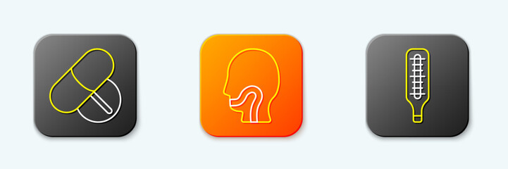 Set line Medicine pill or tablet, Sore throat and Medical thermometer icon. Vector