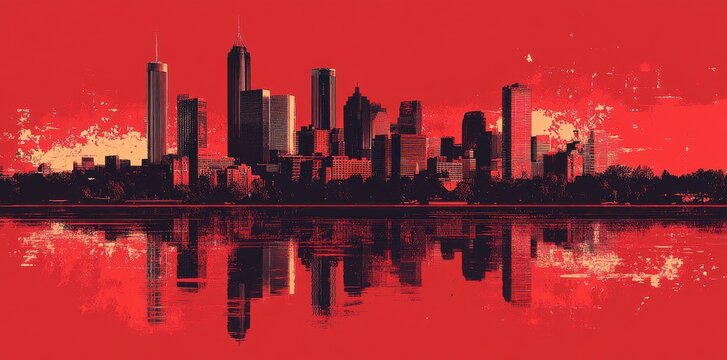 Atlanta Georgia skyline in a bold red theme, showcasing the city's skyscrapers and iconic structures in a striking and dynamic urban art style