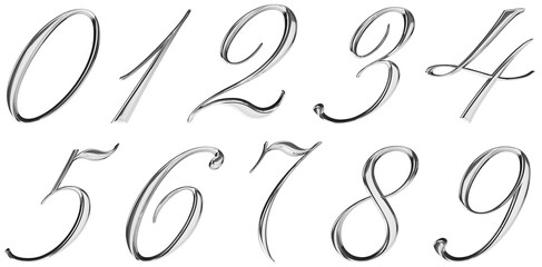 set of chrome silver metal handwriting number 3d render
