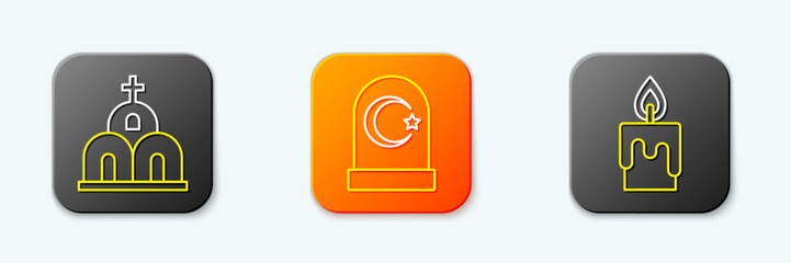 Set line Church building, Muslim cemetery and Burning candle icon. Vector