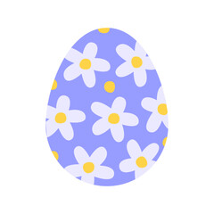 Easter egg with floral pattern, simple cute vector illustration. White flowers on a blue background.