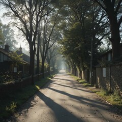 Fototapeta premium A sunlit road lined with trees. 