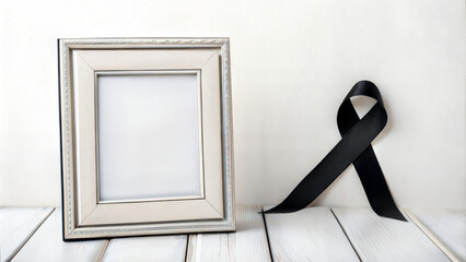 Framed photo with black mourning ribbon on white wood, symbolic image for death announcements, tribute designs, spiritual remembrance and condolence messages

