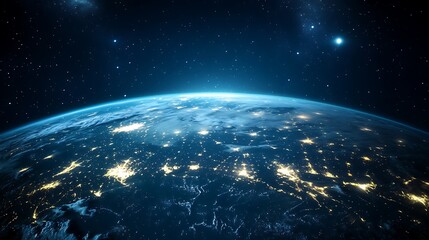 A view of earth from space, illuminated by the lights of human civilization.