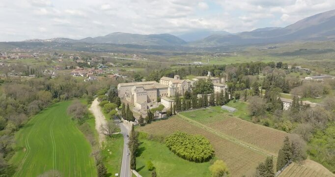 Aerial view of Casamari Abbey located near Frosinone, Lazio, Italy. It is a Cistercian abbey, example of early Italian Gothic architecture in the Burgundian style. It was declared a National Monument.