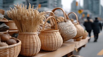 Obraz premium Handcrafted bamboo handbags and baskets are displayed in an open-air market, highlighting the beauty of natural materials