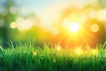 Obraz premium Lush green grass illuminated by a radiant sun in a serene meadow evoking a sense of peace and natural beauty under a clear blue sky