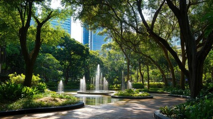 Obraz premium Lush urban park with fountains and trees. Sunlight filters through greenery, creating a peaceful oasis amidst modern buildings