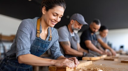 Fototapeta premium A young woman varnishes furniture in a workshop, surrounded by colleagues crafting wood, creating a calm and productive vibe